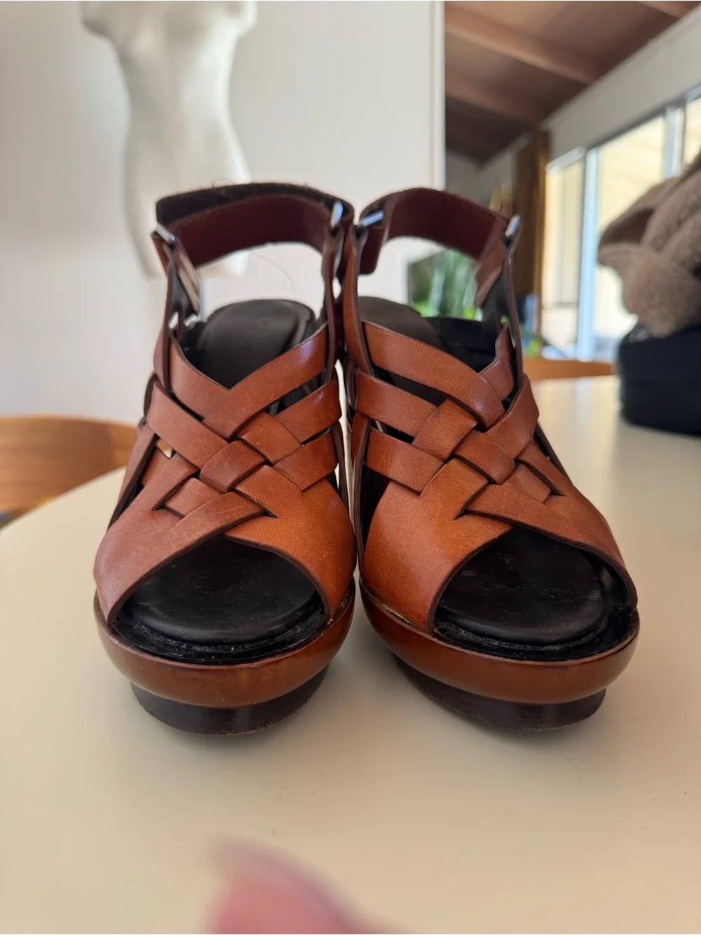 Calvin Klein Woven Leather Platform Slingback Heels - Brown